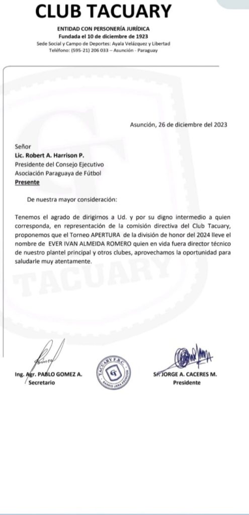 Tacuary solicita a la APF que el Apertura 2024 lleve el nombre de Iván Almeida